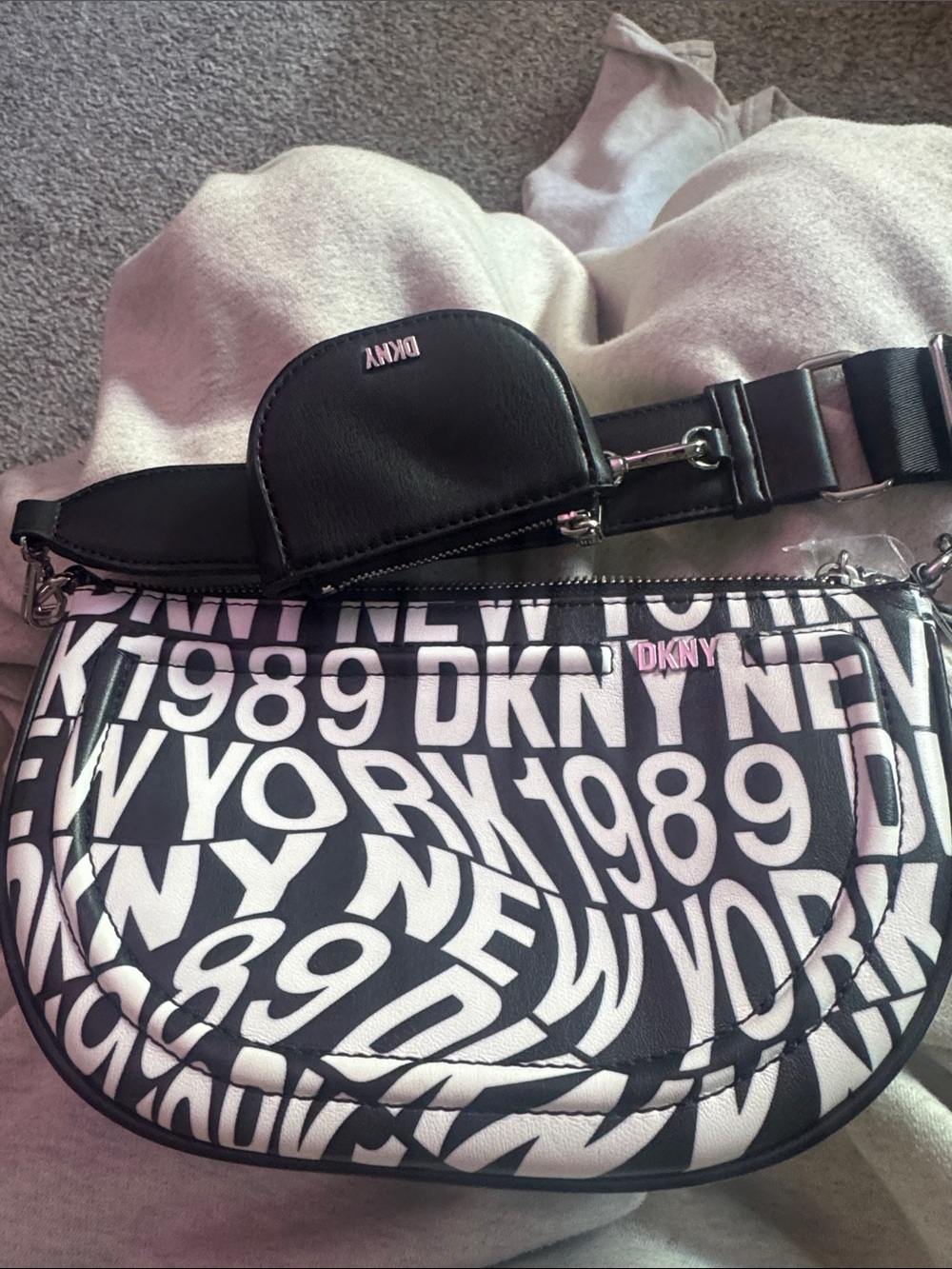 DKNY Black & White Logo Print Crossbody Bag